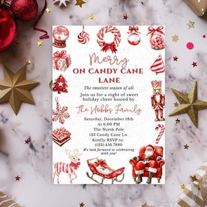 May include: A festive Christmas invitation with the text "Merry on Candy Cane Lane". The invitation features watercolor illustrations of holiday elements like ornaments, a nutcracker, and Santa Claus. Gold stars and wrapped gifts surround the invitation.