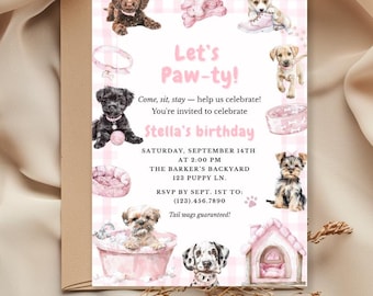 Editable Puppy Birthday Invitation Girl, Pink Dog Birthday Invite, Let’s Pawty Any Age Template, Puppy Party Printable Invite