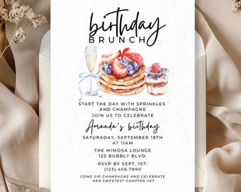 Brunch verjaardagsuitnodiging, bewerkbare champagnebrunch verjaardagsuitnodiging, afdrukbare Mimosa Party, 5 x 7 digitale download