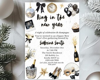May include: A New Year's Eve invitation with the text "Ring in the new year" in elegant script. The invitation features champagne bottles, a clock, and other festive elements in gold and black against a white background.