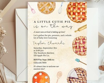 Little Cutie Pie Baby Shower Invitation, Editable Pie Theme Template, Rustic Gingham Fall Baby Invite, Printable Canva Download