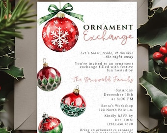 Plantilla de invitación para intercambio de adornos, invitación editable en Canva para fiesta navideña, invitación para intercambio de regalos navideños, plantilla imprimible festiva