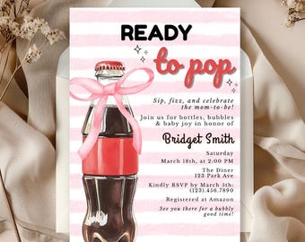 Invitación para baby shower "Listo para estallar", invitación para baby shower con botella de Coca-Cola, temática de refresco retro, descarga digital editable, baby shower de niña