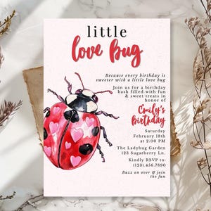 May include: A birthday invitation with a watercolor illustration of a ladybug with heart-shaped spots. The invitation reads "little love bug" and includes event details such as date, time, and location.