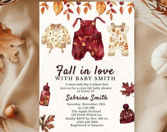 Invitación para baby shower "Enamórate de tu niño", invitación para baby shower de otoño, imprimible para baby shower de otoño, plantilla de invitación de calabaza para bebé, tema bohemio para bebé.