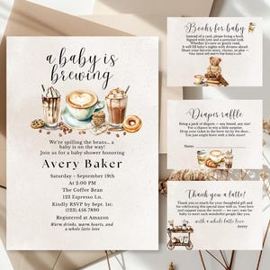 Invitación y mini paquete para baby shower con brunch de café, un bebé en ciernes, invitación editable, rifa de pañales, solicitud de libro, imprimibles de agradecimiento