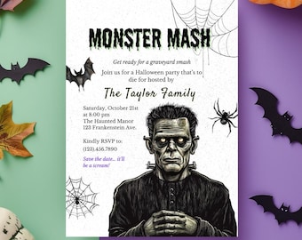 Monster Mash Halloween Invitation, Spooky Costume Party Invite, Frankenstein Theme, Editable Canva Template, Printable Download