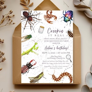 May include: A brown envelope containing a custom invitation with watercolour illustrations of insects. The invitation says "Creepin' It Real" and announces a bug-themed birthday party for Aidan on September 5, 2025, at 12:00 PM.