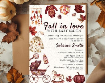 Enamórate de la invitación para baby shower de género neutro, invitación para baby shower de otoño, plantilla para baby shower de calabaza otoñal, invitación con hojas de otoño