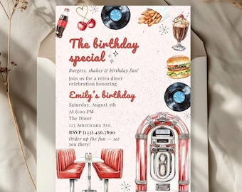 50s Diner Birthday Invitation, Retro Birthday Party Invite, Printable Vintage Diner Birthday Decor, Digital Download, Any Age Birthday