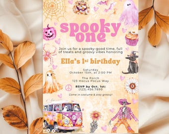 Spooky One Halloween 1st Birthday Invitation, Groovy Ghost Editable Canva Template, Retro Pink Girl Party Printable