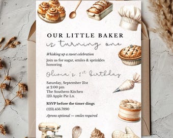 Baking First Birthday Invitation, Little Baker 1st Birthday Invite, Printable Bakery Party, Whisk Themed Girl Birthday Template