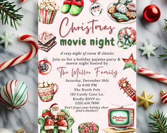 Peut inclure: Une invitation à une soirée cinéma de Noël avec des illustrations festives de pop-corn, de biscuits et du Père Noël. L'invitation comprend le texte "Christmas movie night" et les détails d'une soirée pyjama des fêtes.