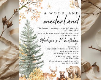 Woodland Onederland 1st Birthday Invitation, Fall Forest Animal Party, Printable Rustic Autumn Invite, Girl or Boy Editable Template