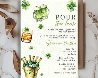 May include: St. Patrick's Day invitation with watercolor illustrations of beer mugs, a whiskey glass, and a champagne bucket. The invitation reads "Pour the Luck" and includes event details, hosted by Shannon Miller.