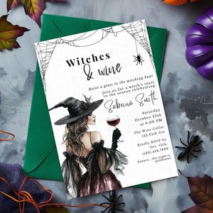 May include: Halloween-themed invitation with the text "Witches & Wine." The invitation features an illustration of a woman in a witch hat holding a glass of wine. Decorative elements include spiderwebs, spiders, and pumpkins. The invitation is on a green envelope.