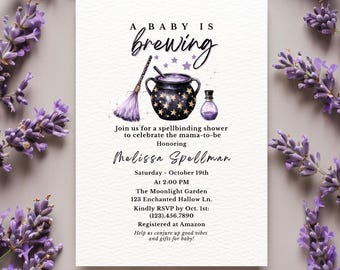 Editable Witch Baby Shower Invitation, A Baby Is Brewing Canva Template, Halloween Baby Invite, Magical Fall Shower Printable, Witchcore