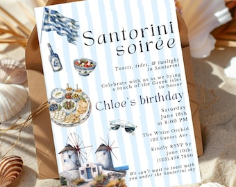 Santorini Soirée Invitation Template, Editable Canva Greece Party Invite, Aegean Sea Birthday Invitation, Coastal Travel Printable Template