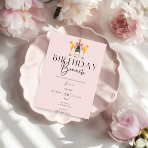 Invito per brunch di compleanno modificabile, invito per champagne Mimosa rosa, invito per brunch per ragazze stampabile, modello per brunch di compleanno per adulti