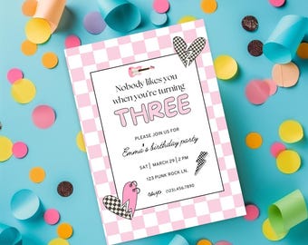 Blink 182 3rd Birthday Invite, Punk Rock Party Template, Editable Canva Girl Invite, Y2K Birthday, Nobody Likes You When You're Three