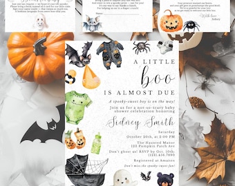 A Little Boo babyshower nodigt jongen uit + kaarten, Halloween babyshowerbundel afdrukbaar, Ghost babyshower sjabloon bewerkbaar canvas, spookachtig schattig