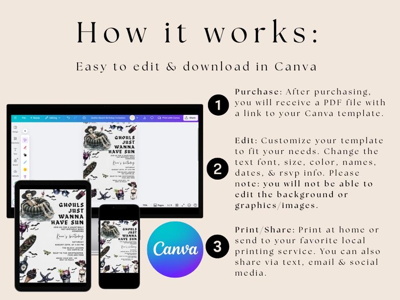 May include: A digital design template displayed on a laptop, tablet, and smartphone. The design features a Halloween theme with the text "Ghouls Just Wanna Have Sun." Instructions for editing and downloading in Canva are also included.