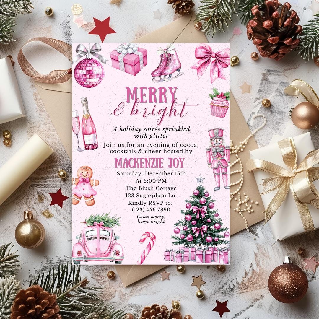 Pink Merry and Bright Invitation Template, Editable Canva Pink