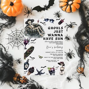 May include: Halloween-themed invitation with the text "Ghouls Just Wanna Have Sun" and "Kara's birthday". The invitation features illustrations of a skeleton, bats, spiders, and pumpkins, perfect for a spooky celebration.