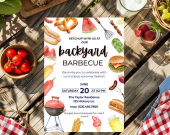 Invitación para barbacoa en el patio, plantilla para fiesta de verano, invitación editable en Canva para picnic y barbacoa, descarga digital