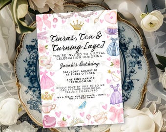 Princess Tea Party Birthday Invitation, Editable Girls Dress Up Tea Invite, Tiara & Royal Party Template, Pink Canva Birthday Card
