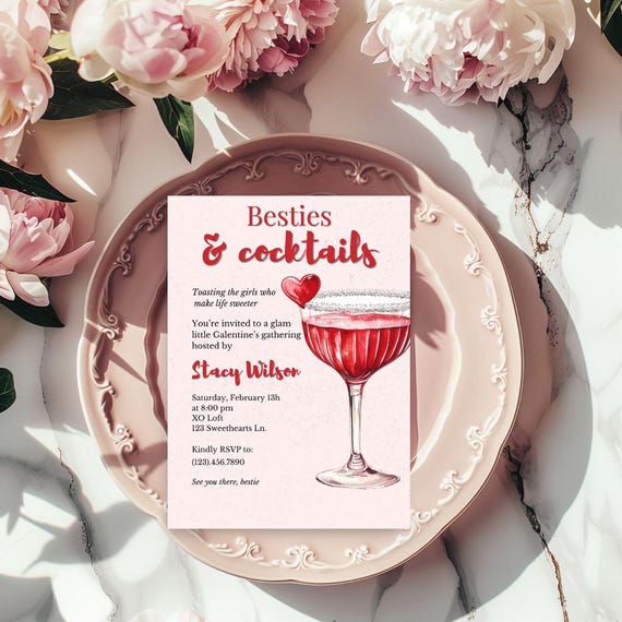 Galentines Invite, Besties & Cocktails Invitation, Editable Galentine’s Party Template, Pink Valentine Invite, Girls Night Canva Template