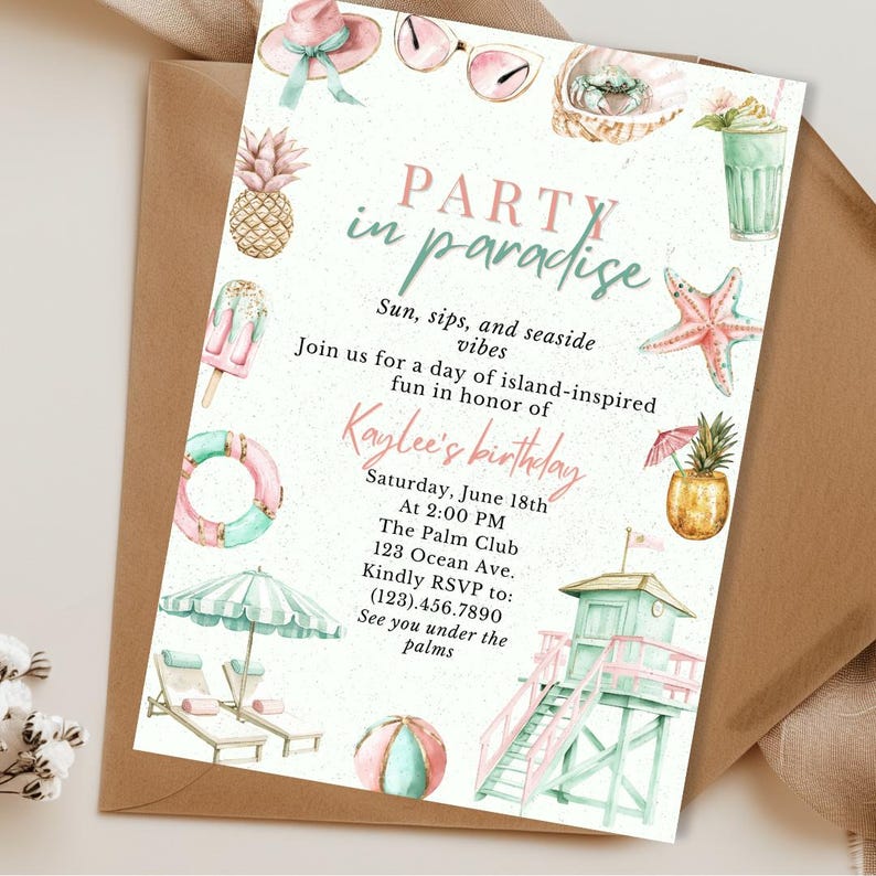 Tropical Birthday Invitation Template, Party in Paradise Invite ...