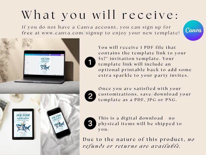 May include: An informational graphic with the text "What you will receive:" and instructions for a digital download. The image shows a laptop, tablet, and phone displaying a "Jaw-Some Celebration" invitation template. A Canva logo is visible.