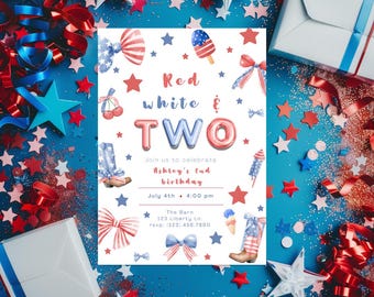 May include: A patriotic birthday invitation with a blue background, red, white, and blue decorations. The invitation reads "Red, White & Two" and includes the party details. The design features stars, bows, and ice cream.