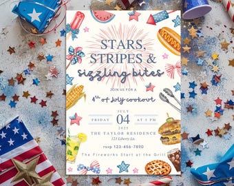 Invitation barbecue du 4 juillet imprimable, rayures étoilées et bouchées grésillantes, modèle patriotique de fête d'été, téléchargement immédiat, repas dans la cour