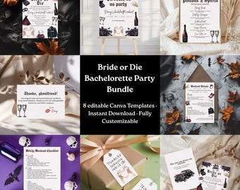Bride or Die Bachelorette Party Bundle, Gothic Halloween Bachelorette Decorations, Editable Canva Templates, Spooky Bach Weekend Kit