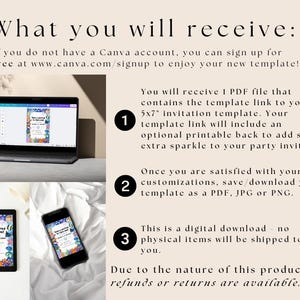 May include: A digital download product description with a laptop, tablet, and smartphone displaying a colorful invitation template. The text reads "What you will receive" and details about the digital download, including a Canva template link.