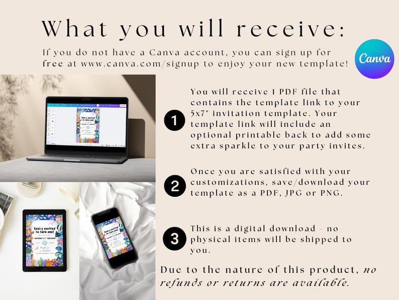 May include: A digital download product description with a laptop, tablet, and smartphone displaying a colorful invitation template. The text reads "What you will receive" and details about the digital download, including a Canva template link.