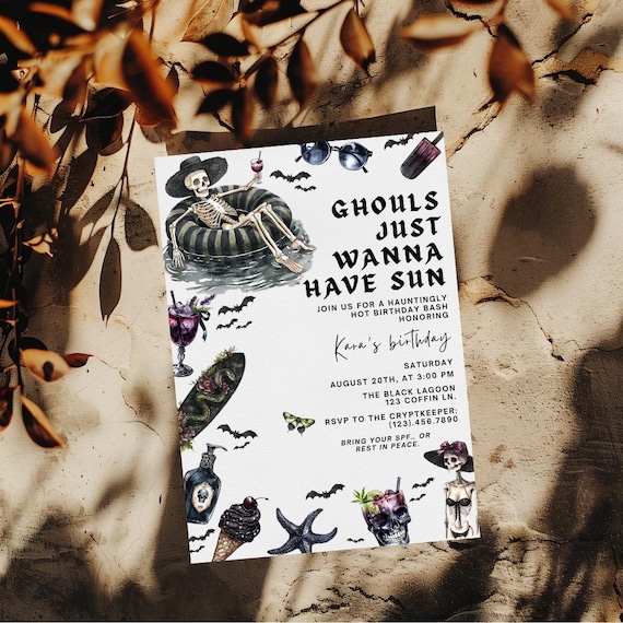 Editable Summerween Birthday Invite, Ghouls Just Wanna Have Sun Invitation, Gothic Beach Party, Skeleton Party, Spooky Girl Party