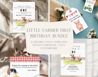 May include: A collection of farm-themed birthday party supplies. The image includes invitations, gift tags, and a welcome sign. The text reads "Little Farmer First Birthday Bundle" and "Moo-ve Over, Our Little Farmer is One". The gift tags say "You're the best in the whole herd!"