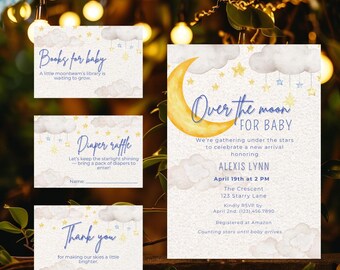 May include: Baby shower invitation set with a celestial theme. The invitation features a watercolor crescent moon and stars, with text that reads "Over the moon for baby." Includes cards for books, diaper raffle, and thank you notes.