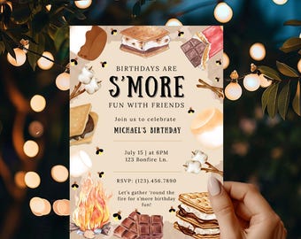 Editable S'mores Birthday Invite, Campfire Party Canva Template Download, Kids BBQ Birthday, Summer Bonfire Party Invite, Instant Download