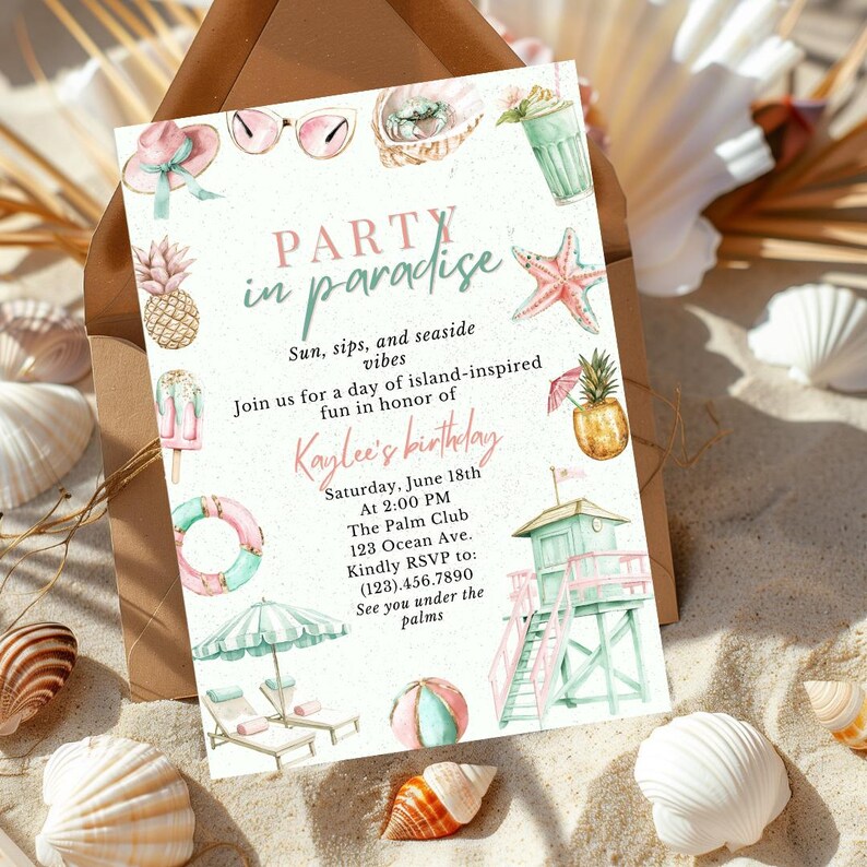 Tropical Birthday Invitation Template, Party in Paradise Invite ...