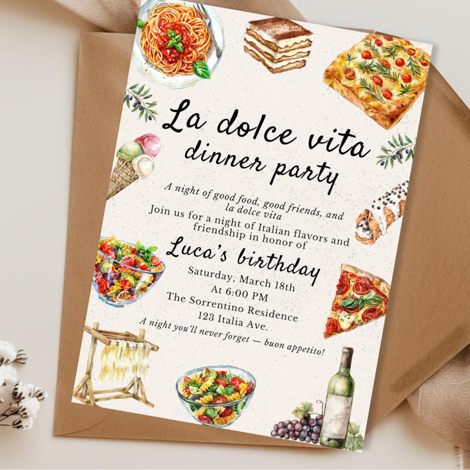 Italian Invite La Dolce Vita Italian Dinner Party Invitation, Editable Pasta Pizza ...