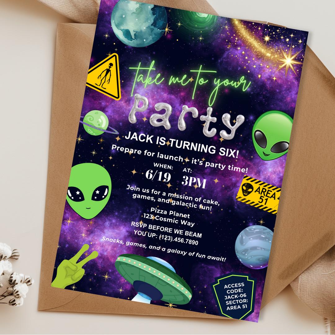 Alien Birthday Invitation, Space Party Invite, Galaxy Kids Birthday ...