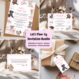 Editable Puppy Party Bundle, Dog Birthday Invitation, Favor Tags, Thank You Card, Adoption Certificate, Let’s Pawty Printable Set