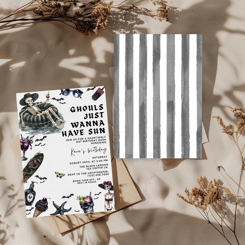 May include: A Halloween-themed invitation with the text "Ghouls Just Wanna Have Sun" and illustrations of skeletons, bats, and cocktails. The invitation is on a beige background with a matching striped card.