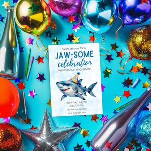 May include: A birthday party invitation with a shark illustration, surrounded by colorful balloons and star-shaped confetti. The invitation reads "JAW-SOME celebration" and includes event details. The background is a vibrant blue.