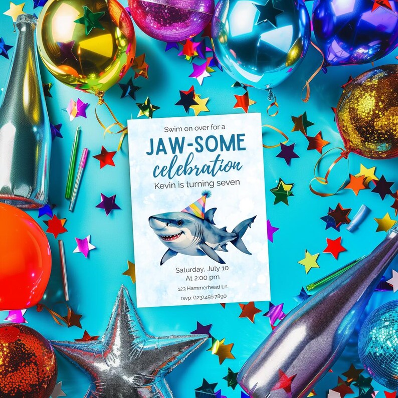 May include: A birthday party invitation with a shark illustration, surrounded by colorful balloons and star-shaped confetti. The invitation reads "JAW-SOME celebration" and includes event details. The background is a vibrant blue.