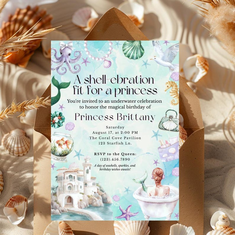 Mermaid Princess Birthday Invitation, Ocean Theme Editable Canva ...